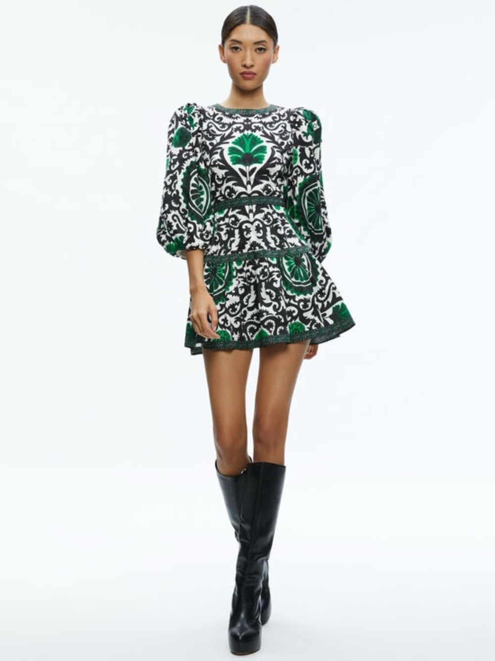 Alice + Olivia Black and Green Baroque Mini Dress - Picture 1 of 4